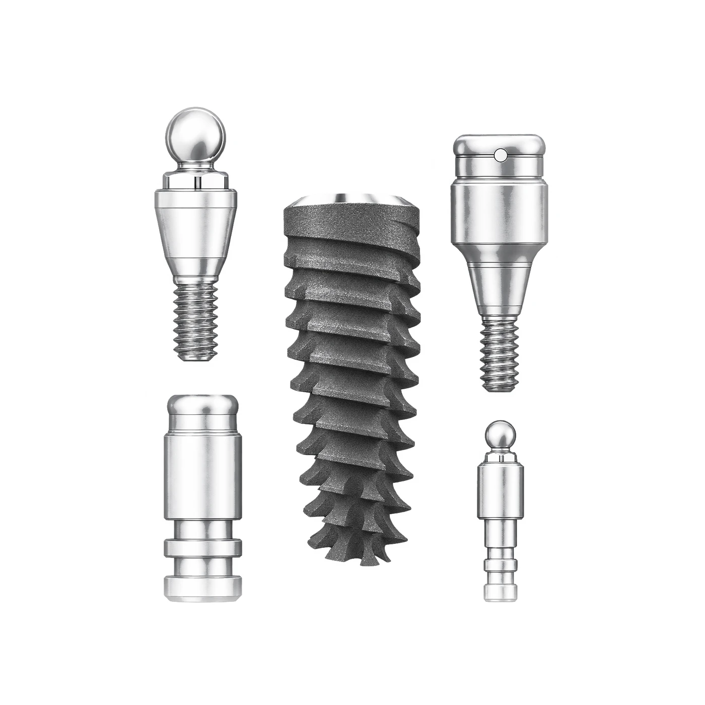 Ball abutments and healing caps of different collar heights, shown with the implant