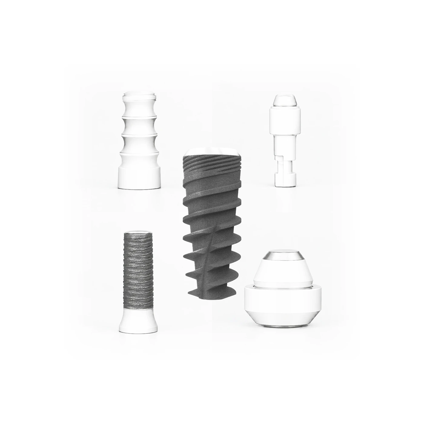 The implant shown with the multi-unit abutment and its shared above-MUA prosthetic components