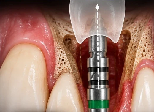 An implant being seated inside a fresh extraction socket along a marked prosthetic axis, with a translucent restoration outline showing the planned crown position above it