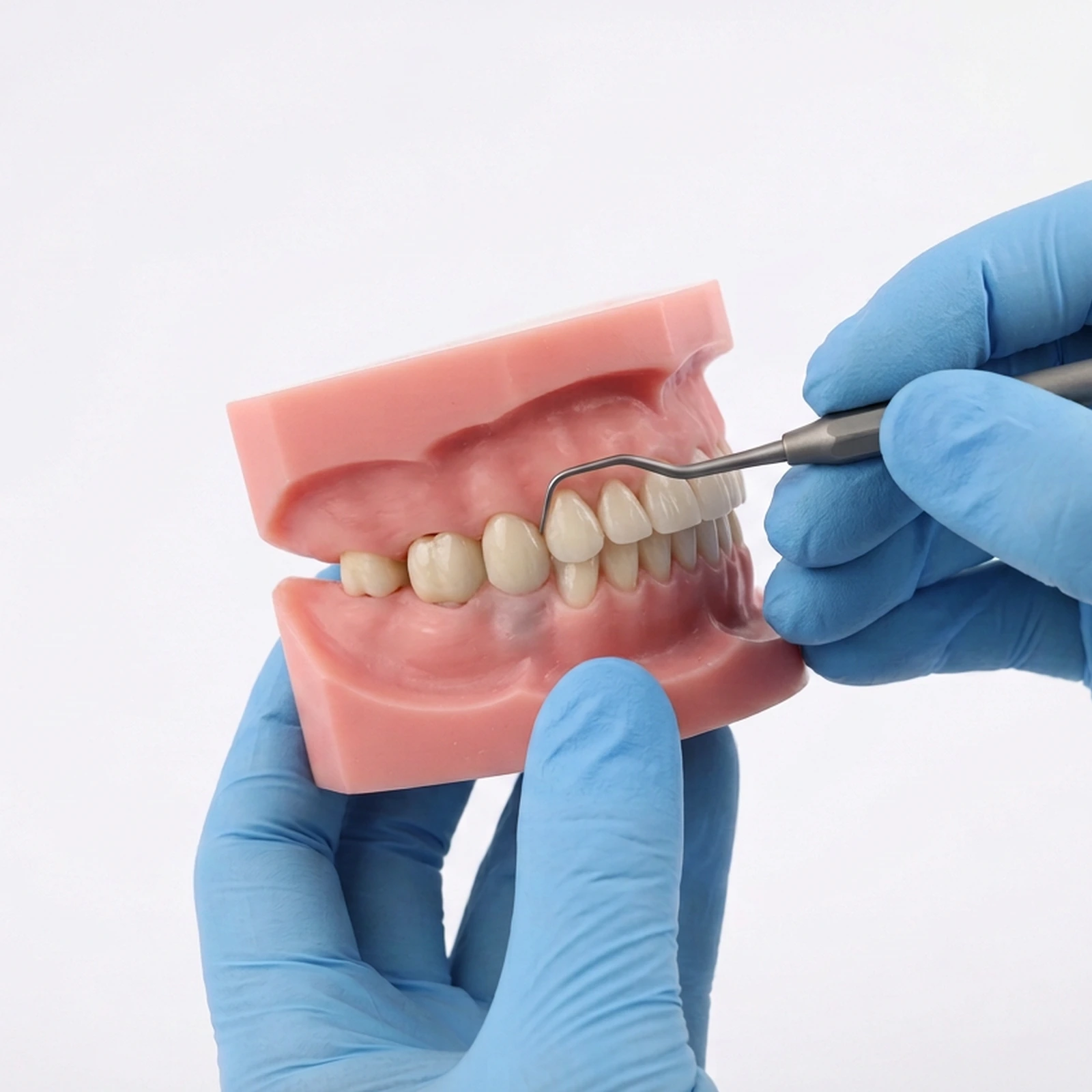 Professional cleaning around an implant-supported crown using an instrument suited to the restorative surface