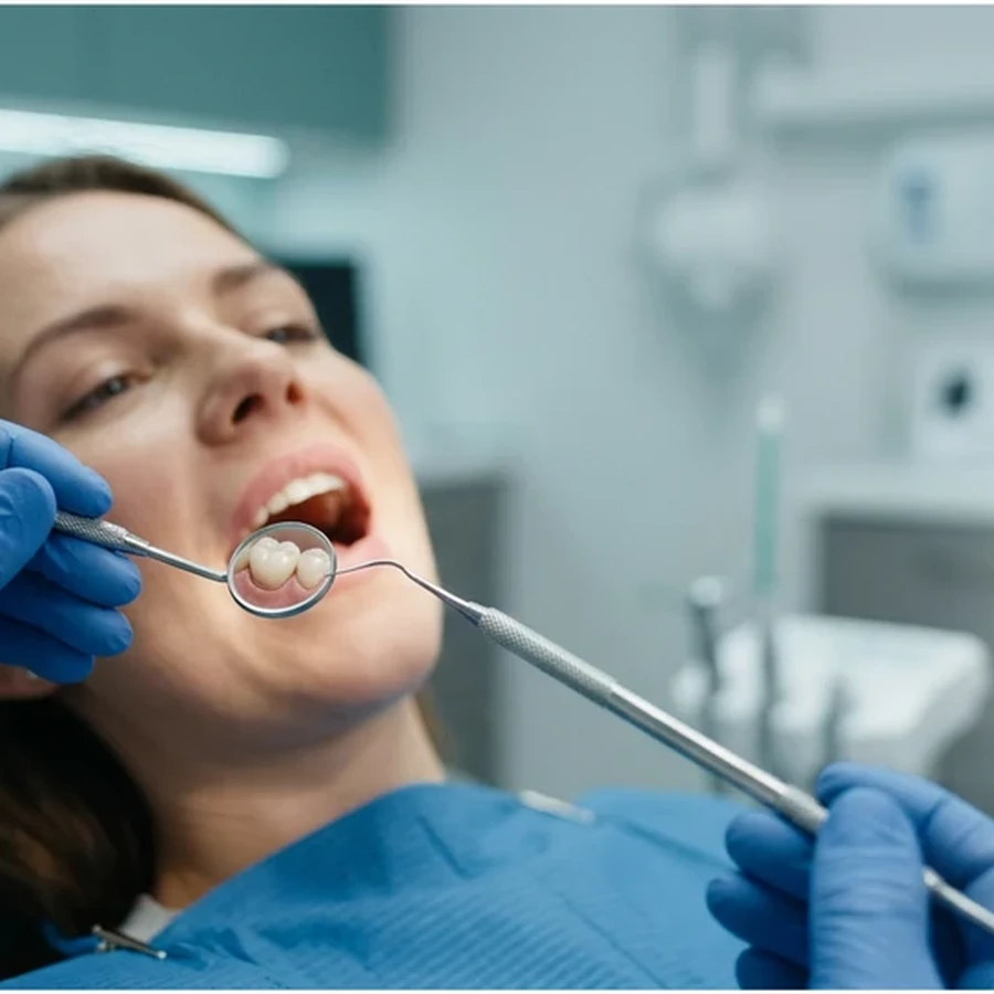 A clinician examining a patient with a mouth mirror during a recall visit